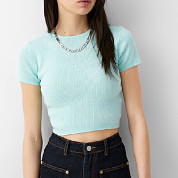 qua blue coord set with short sleeve ribbed cardigan and matching rib knit crop - Picture 3 of 10